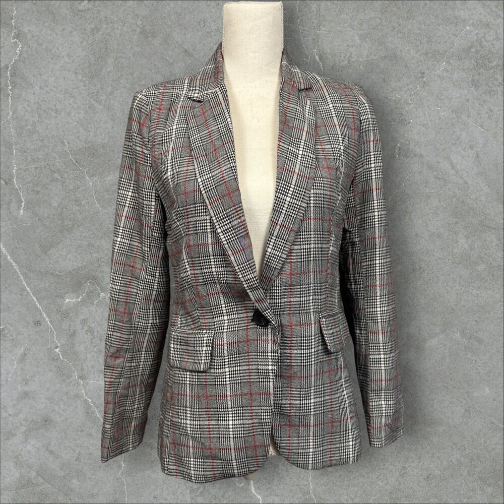 Women's Aqua Grey Red White Plaid Blazer Business Casual Jacket - Small